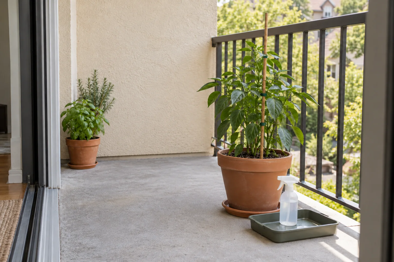 A supported pepper plant with room to work beside it on a balcony
