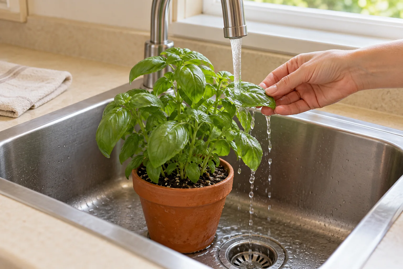 A small basil pot in a kitchen sink, with a hand supporting a leaf beneath a stream of plain water.