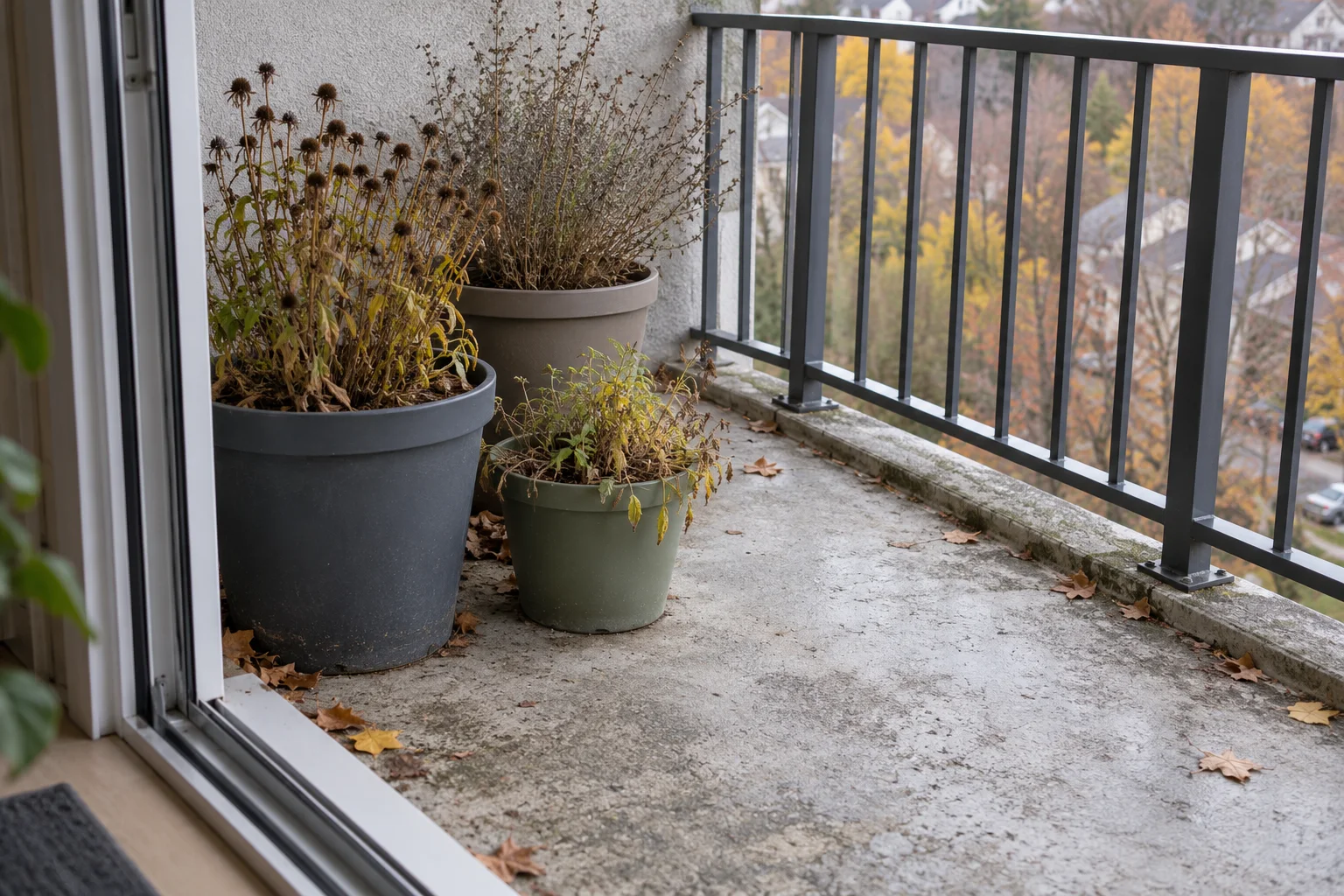 Three pots with fading perennial growth beside a balcony doorway, leaving open floor space for access.