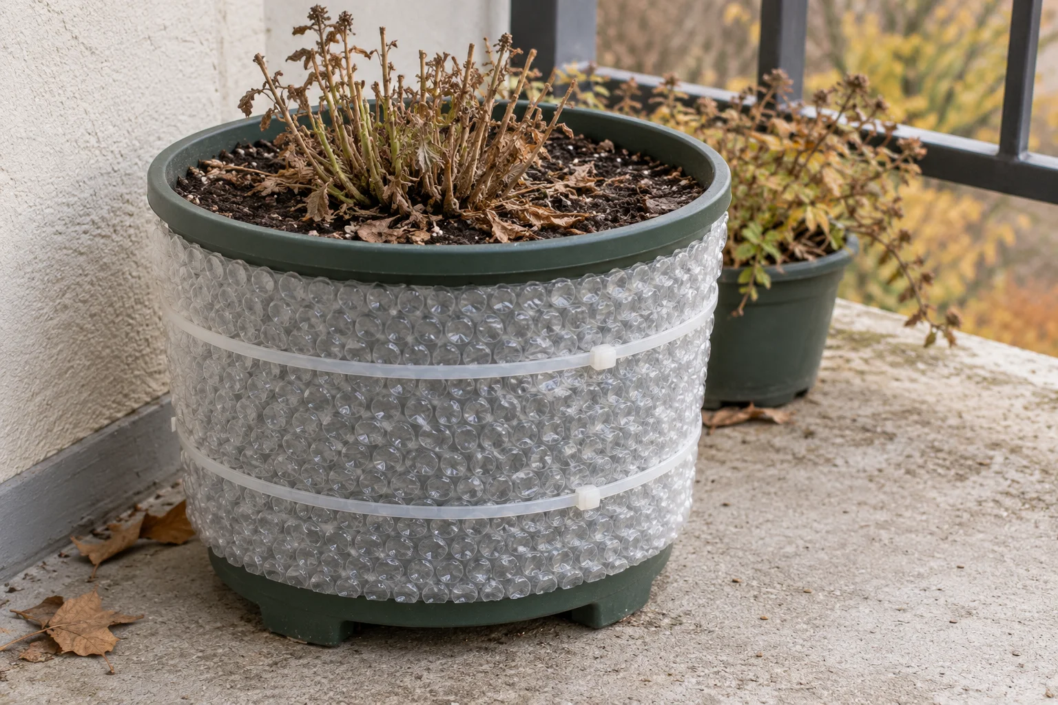 Clear bubble wrap around a pot leaves the surface mix and lower base exposed, with a second pot farther back.