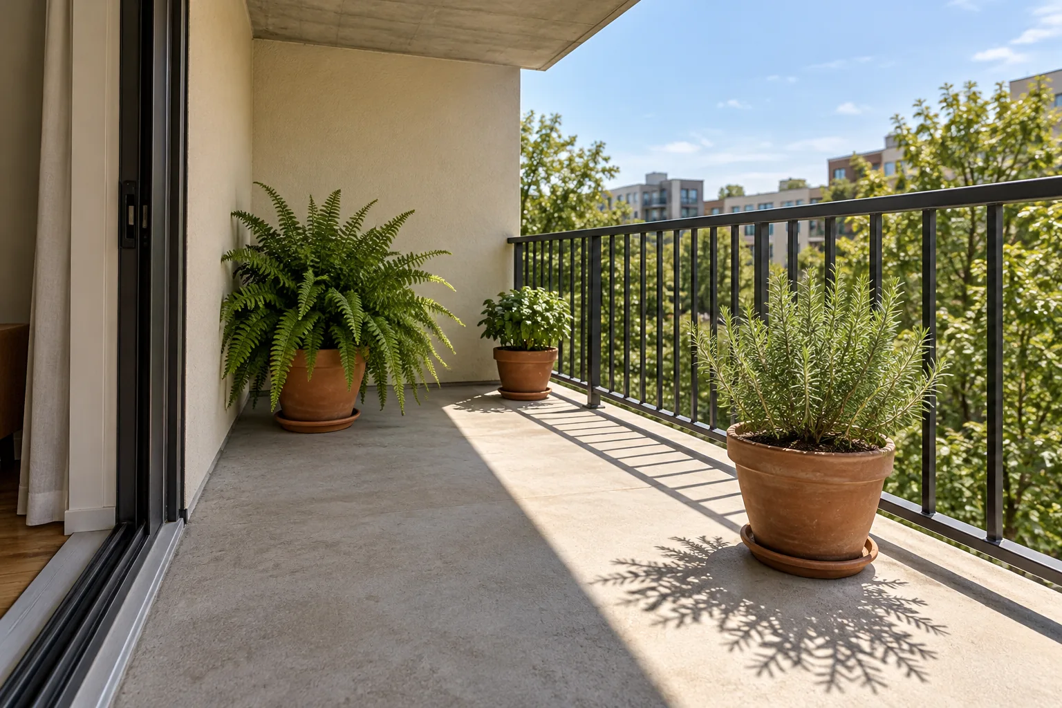 A covered balcony with rosemary in direct sun near the railing and a fern in shade by the wall, with a clear path between the pots.