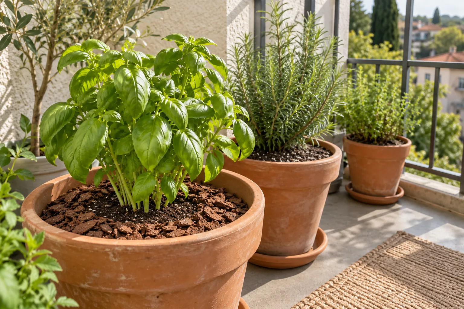 Basil in a balcony pot with bark kept away from the stems and below the rim, beside uncovered herb pots on saucers.