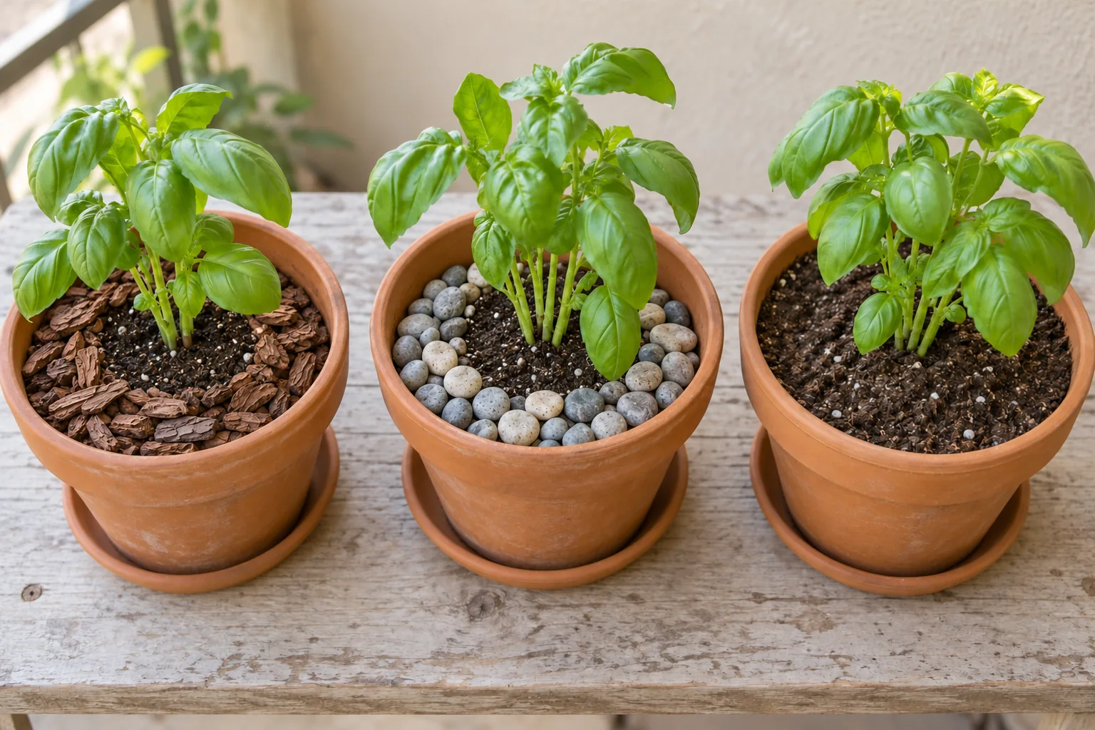 Three basil pots with bark, rounded pebbles and bare potting mix; the coverings leave the plant bases clear.
