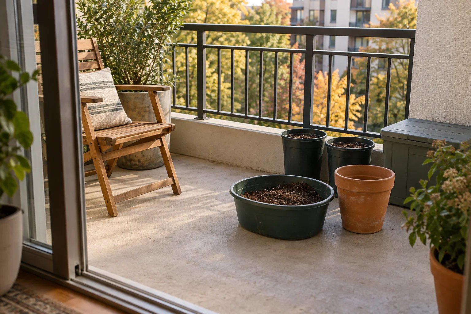 A mixing tub and empty pot beside two containers of used mix on a balcony, with a clear path to a wooden chair.