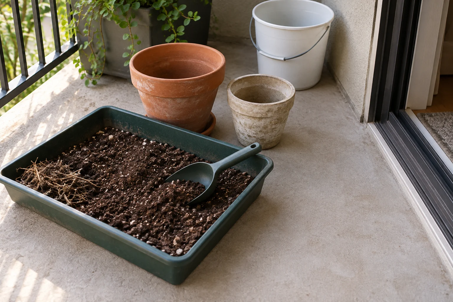 A shallow tray contains potting mix, a scoop, and removed roots beside two empty pots, leaving clear floor space by the balcony door.