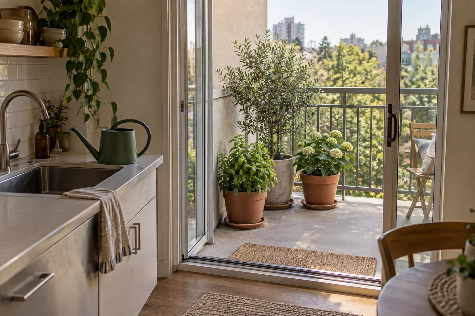 An indoor kitchen tap and watering can beside an open door to a narrow balcony with three reachable potted plants on saucers.