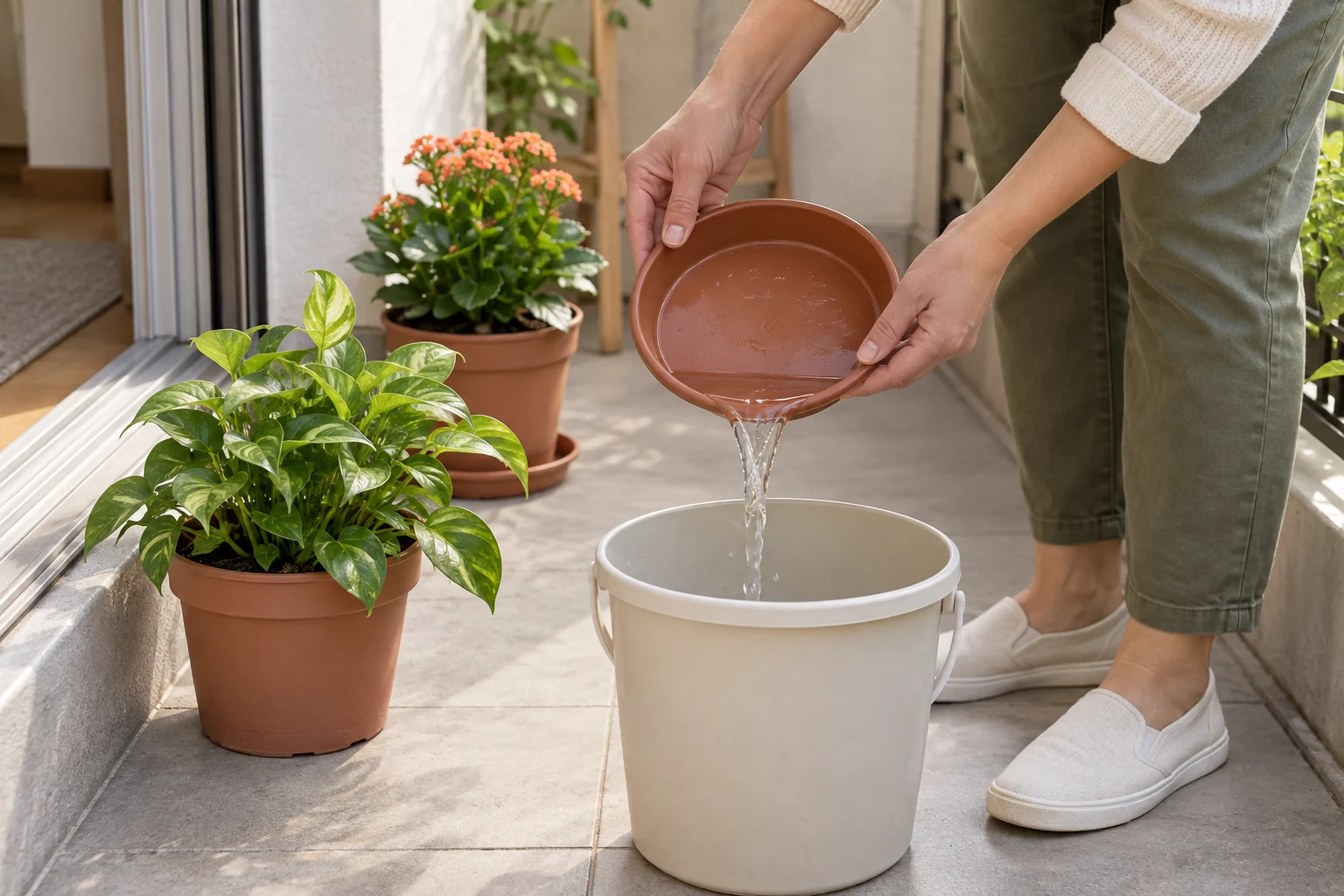 A gardener empties a small removable plant saucer into a household bucket beside two balcony pots.